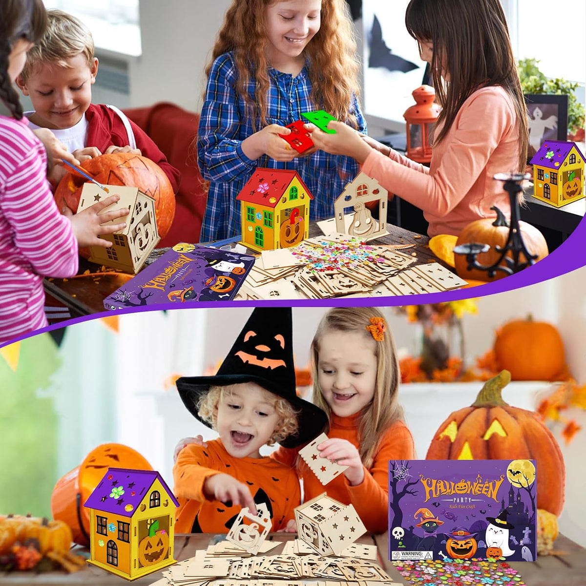 Fennoral 7 pack wooden 3D pumpkin house craft kit for kids Halloween decorating - view 12