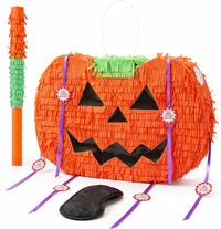 JOYIN Pumpkin Piñata Set, Foldable 10.5 x 16 Inch Jack-O’-Lantern Piñata with Stick and Blindfold - Pumpkin Pinata Set-3pcs