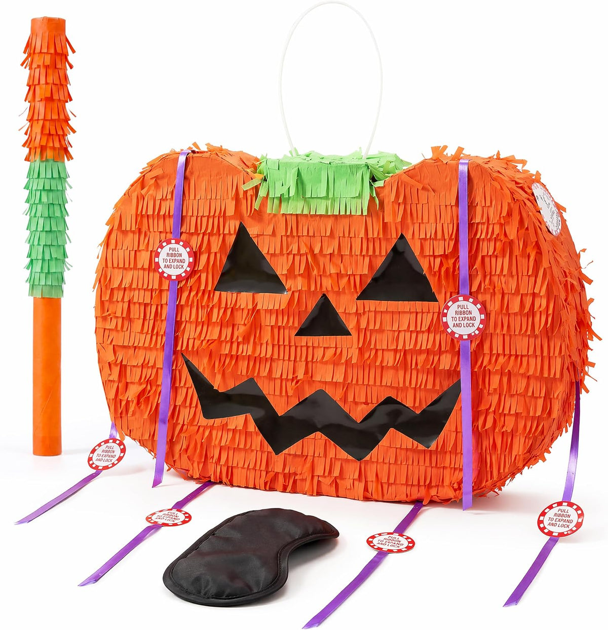 JOYIN Pumpkin Piñata Set, Foldable 10.5 x 16 Inch Jack-O’-Lantern Piñata with Stick and Blindfold - Pumpkin Pinata Set-3pcs