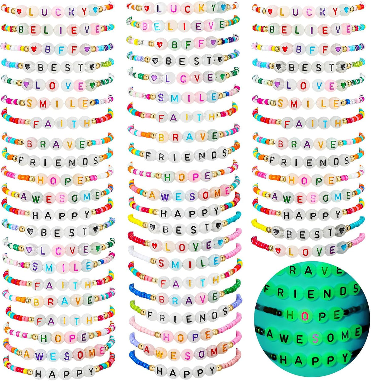 Ecation beaded friendship bracelets bulk set of 96 acrylic bead bracelets with glow letter beads