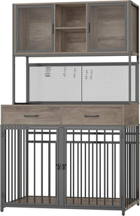 HITHOS 71" Tall Dog Crate Furniture, Indoor Dog Kennel with Hutch, 42" W Dog Cage for Large/Medium Dogs, Wood Dog Crates with 2 Storage Drawers, Heavy Duty Pet House, Ash Grey