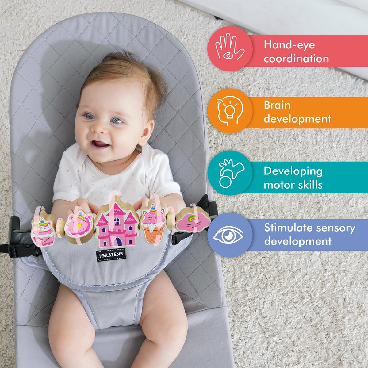 iGRATENS wooden baby bouncer toy bar with black and white pendants - view 8