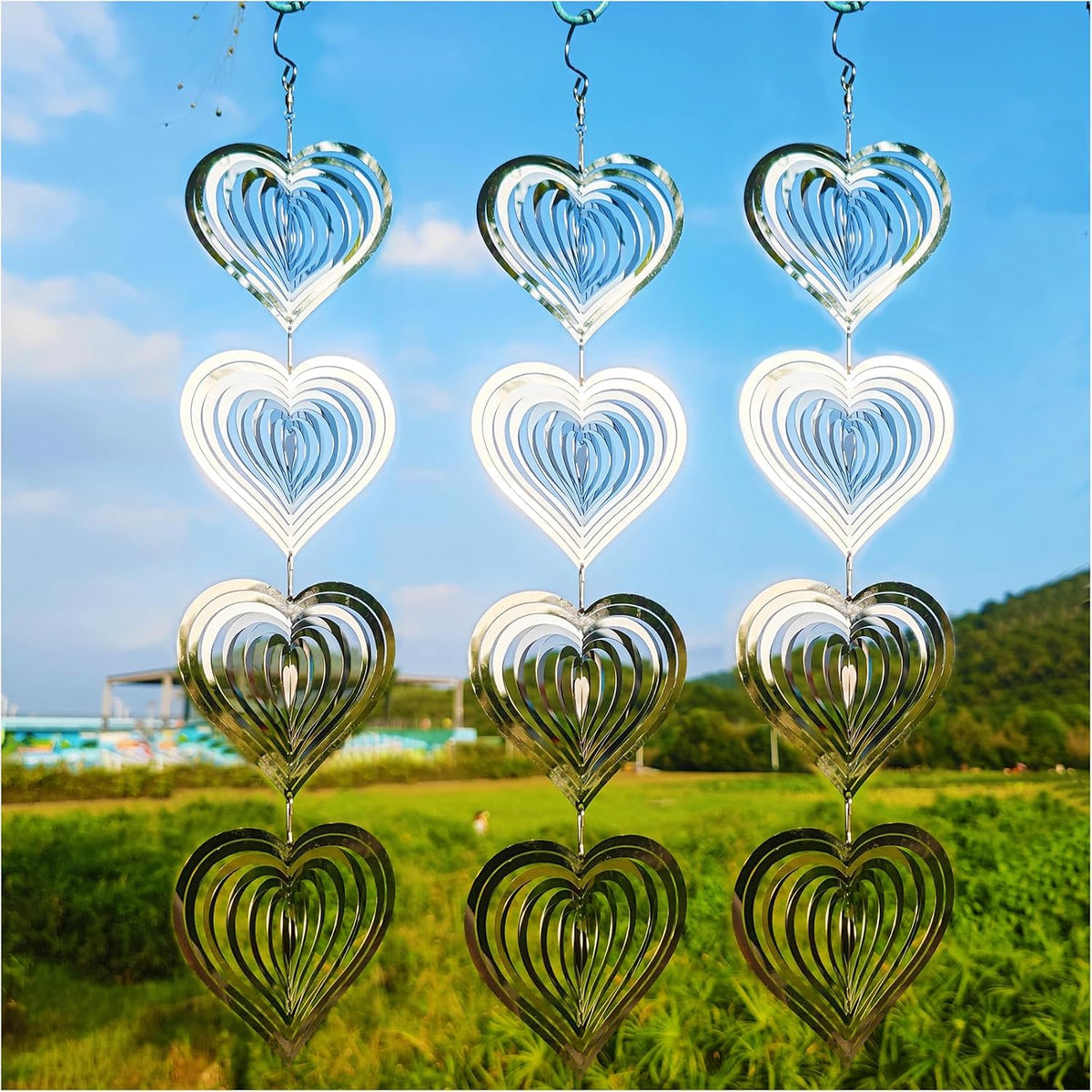 DJUAN Metal Bird Scare Discs Set-Highly Reflective Double-Sided Bird - Silver Heart