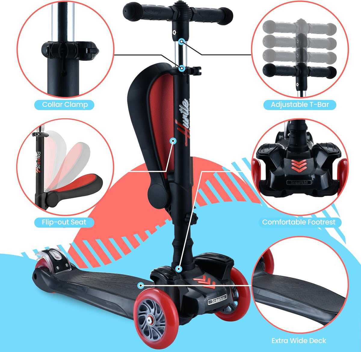 Hurtle 3-Wheeled Scooter for Kids, Wheel LED Lights - Black - image 3