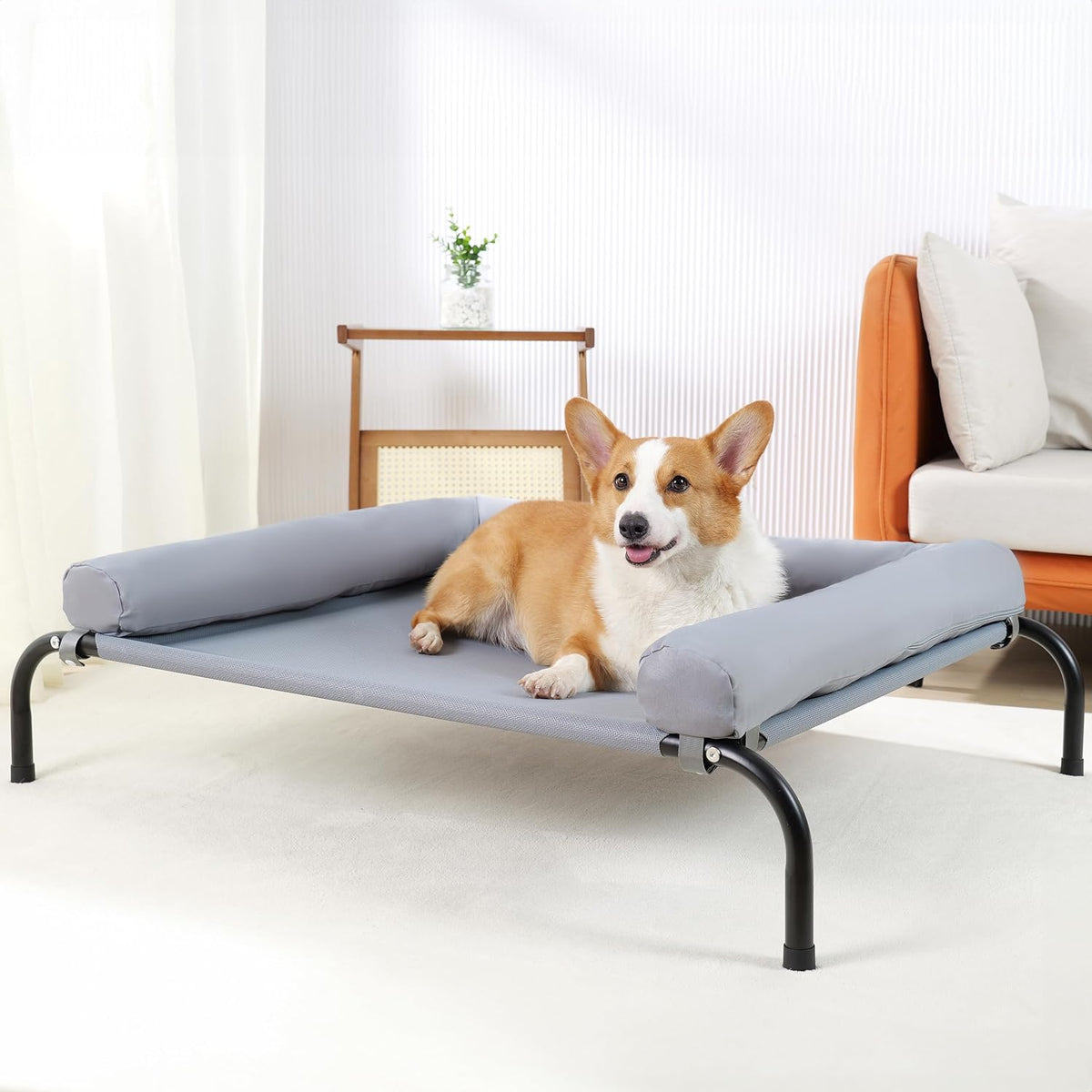 TJSOULER Cooling Elevated Dog Bed with Pillows - M(35x26x8)Inches / Grey