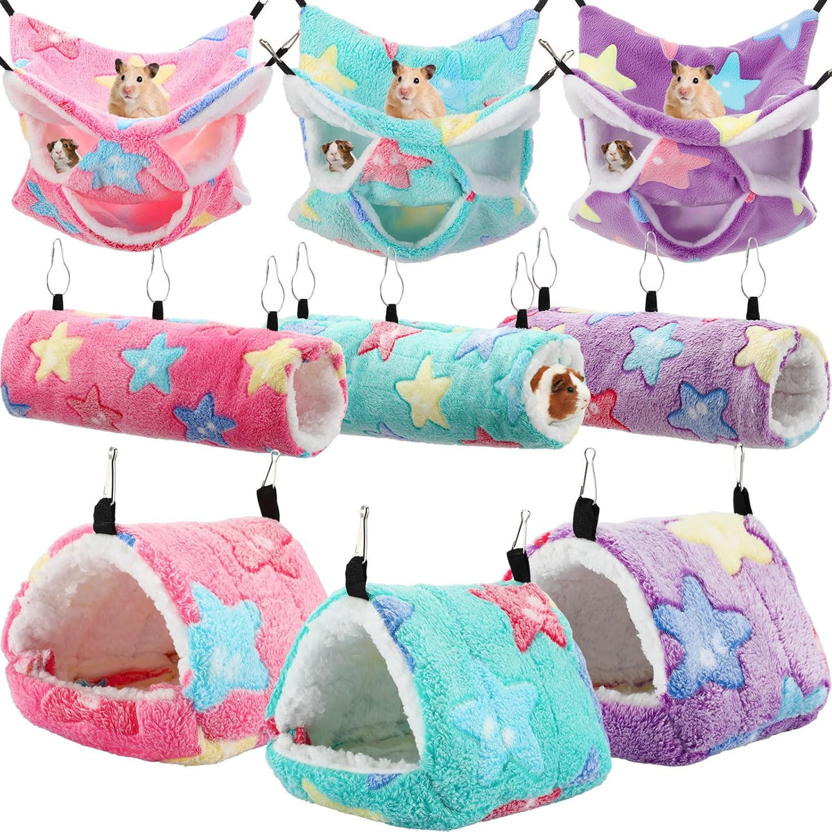 Abbylike 9 Pieces Rat Hammock 3 Tier Guinea Pig Ferret Hammocks Small - Green, Purple, Pink / Stars