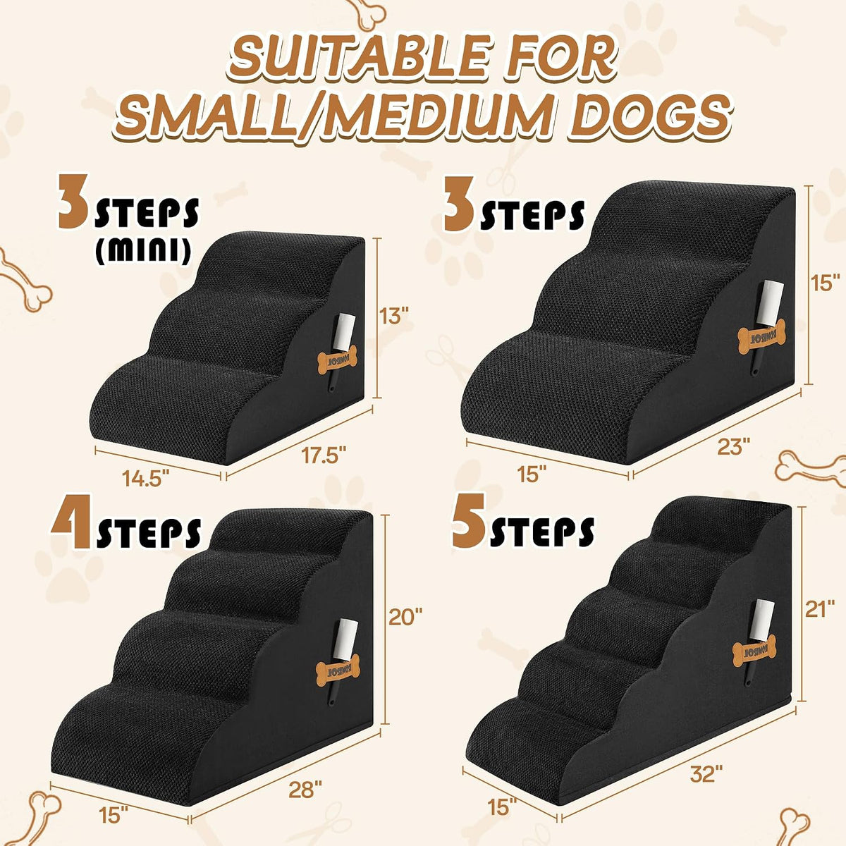 Dog Stairs Ramp for High Bed - 3 Step-15.7"H / Fleece-Black - image 2