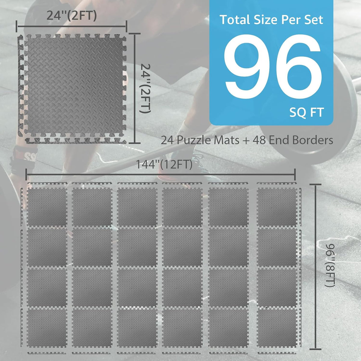 Art3d EVA Puzzle Exercise Mats, 24"x24", 1/2" Thick - Grey / 96 Sq.ft / 24 - image 2