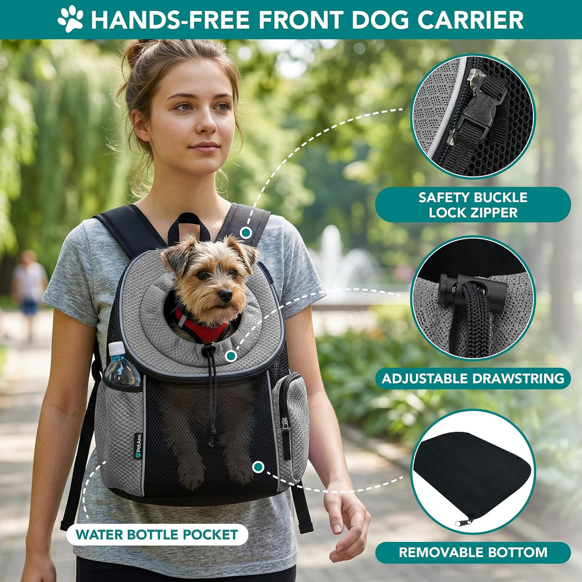 PetAmi Dog Carrier Backpack, Hands Free Front Pet Carrier - Gray / 16.5"L x 10.0"W x 17.0"H - image 3