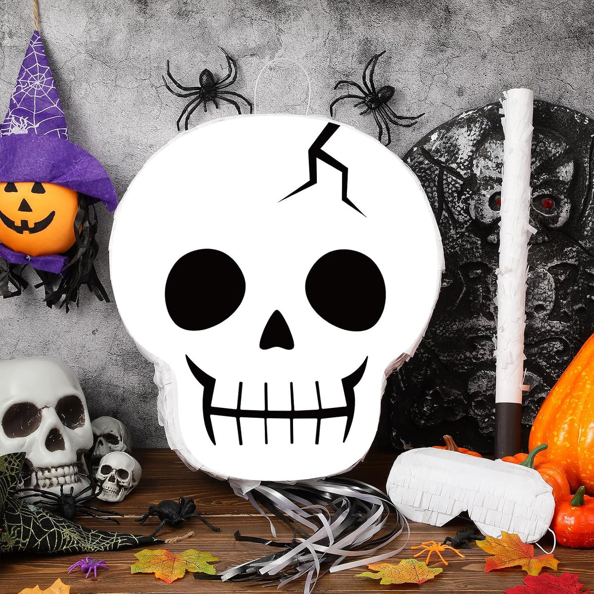 Aoriher Halloween skull piñata with bat stick, blindfold and square confetti - view 29