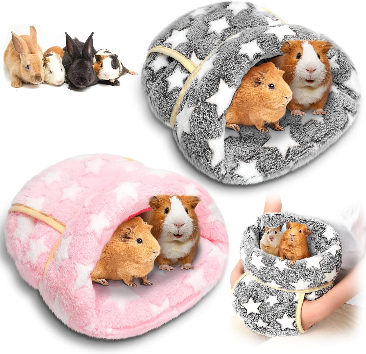 2 Pcs Guinea Pig Fleece Hideouts, Blue, Khaki, Star – Daily Care for Small Pets - Gray, Light Pink / Pentagram