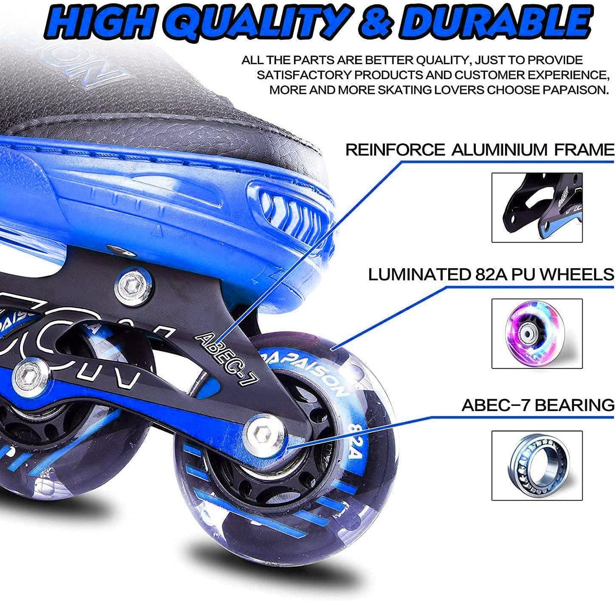 PAPAISON Adjustable Inline Skates for Kids and Adults with Full Light - Blue / Small - Little Kid (11C-1 US) - image 3