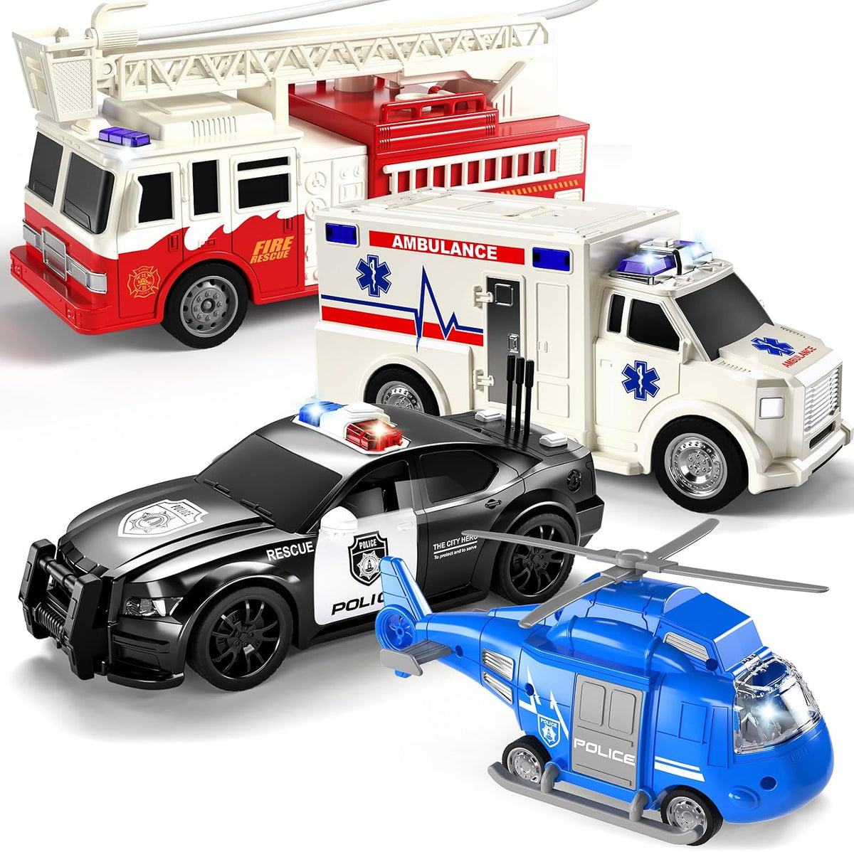 TEMI Emergency Vehicle Toys, Ambulance, Fire Truck, Police Car