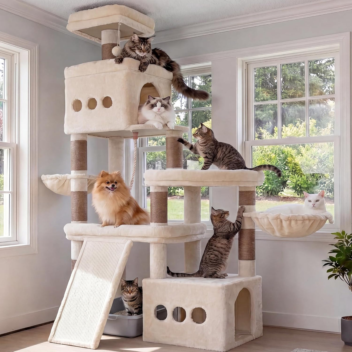 Heybly Cat Tree 72.4-Inch Anti-Tip Cat Tower with Spacious Perches - Beige / 72.4 inch