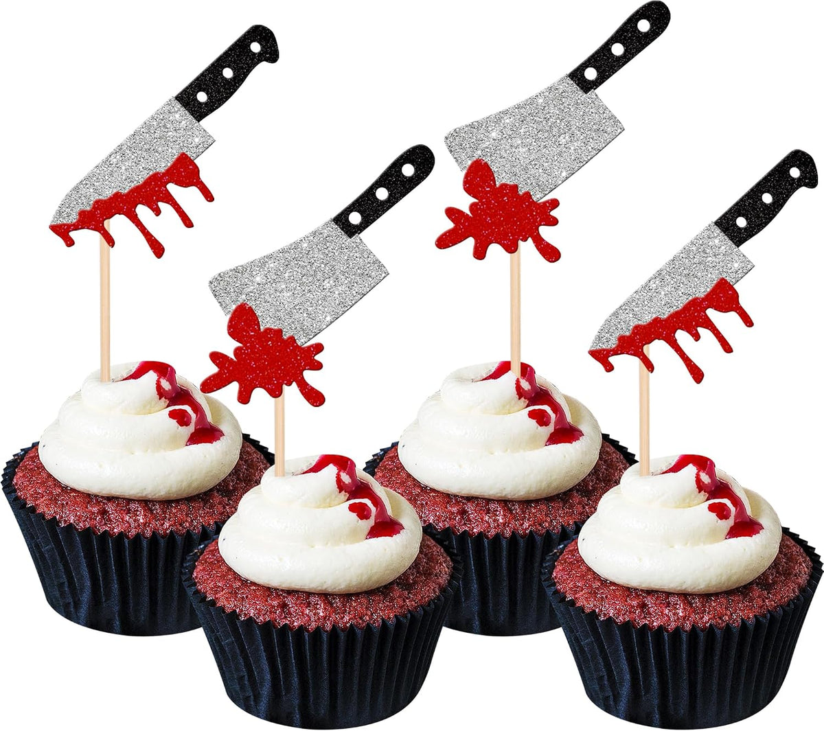 24 PCS Halloween Bat Cupcake Toppers Black Glitter Bat Cupcake Picks - Pattern A7