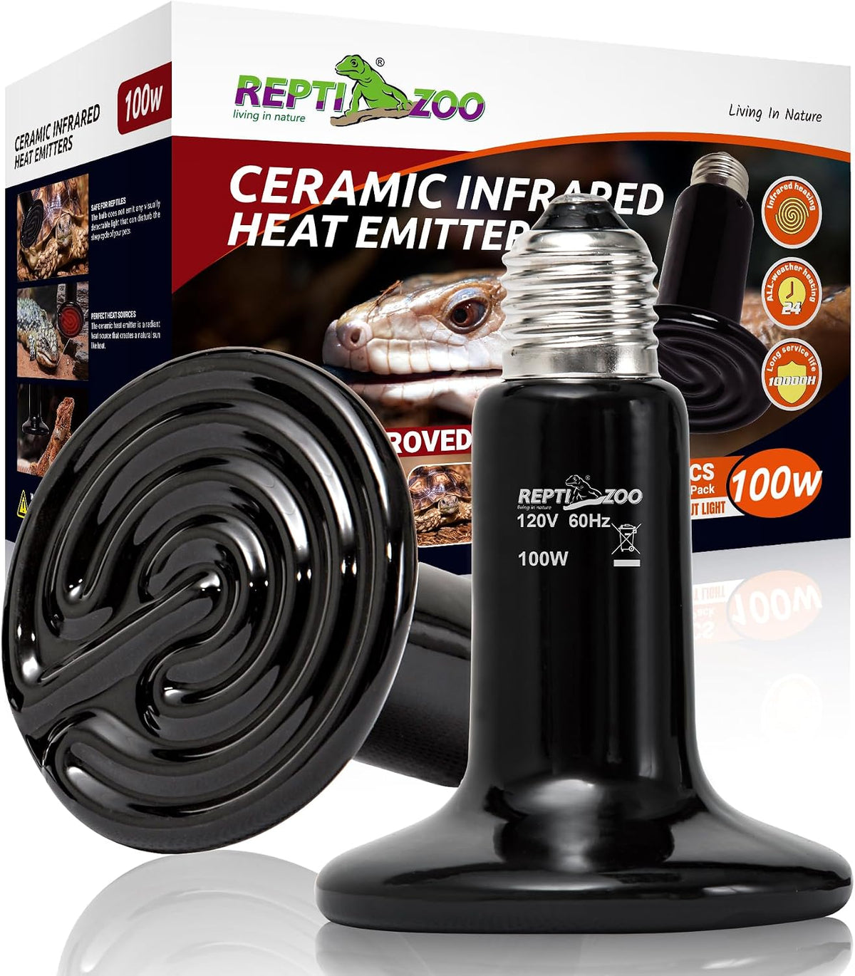 REPTI ZOO 100W Reptile Heat Lamp 2Pack Ceramic Heat Emitter Night - 100W/2PCS