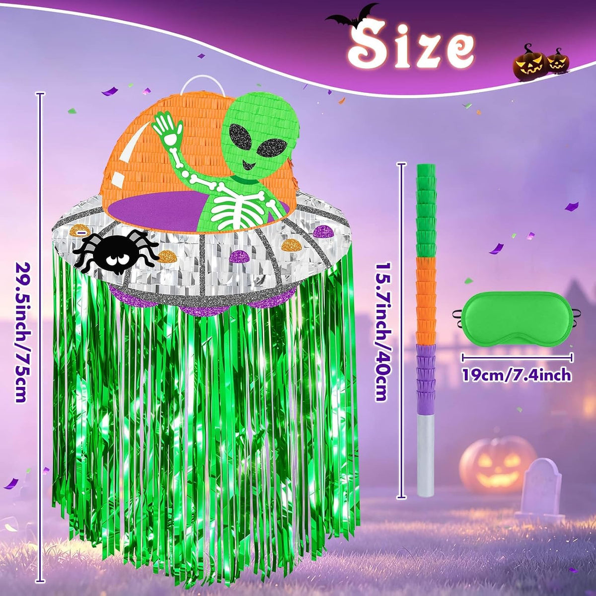 WERNNSAI Halloween skull pumpkin piñata in orange and black with spooky face - view 25