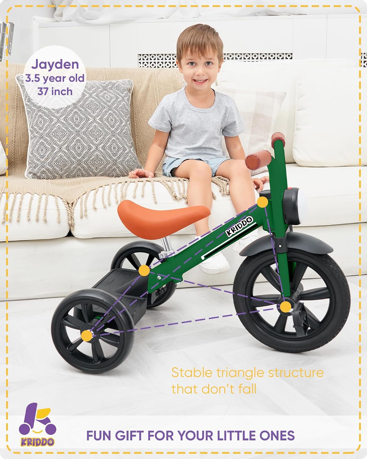 KRIDDO Tricycle for Toddlers 2-5 Years: Rubber Front Wheel - Green - image 4