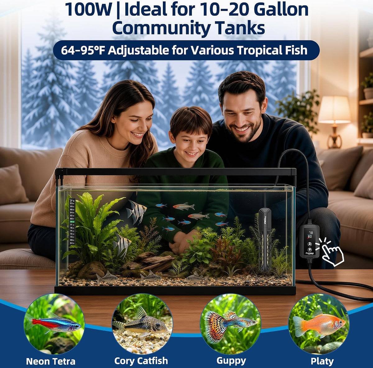 FREESEA Adjustable Aquarium Heater 20-50Gal: 200W 64-95°F Precise - 100W(10-20gallon) - image 2