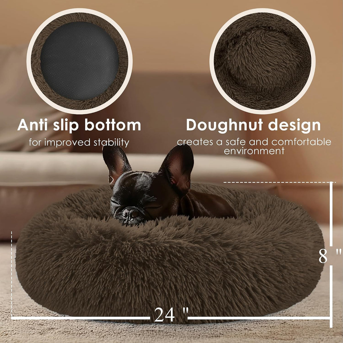 Hoewina Dog & Cat Bed for Indoor Cats - Coffee / 24.0"L x 24.0"W x 8.0"Th - image 3