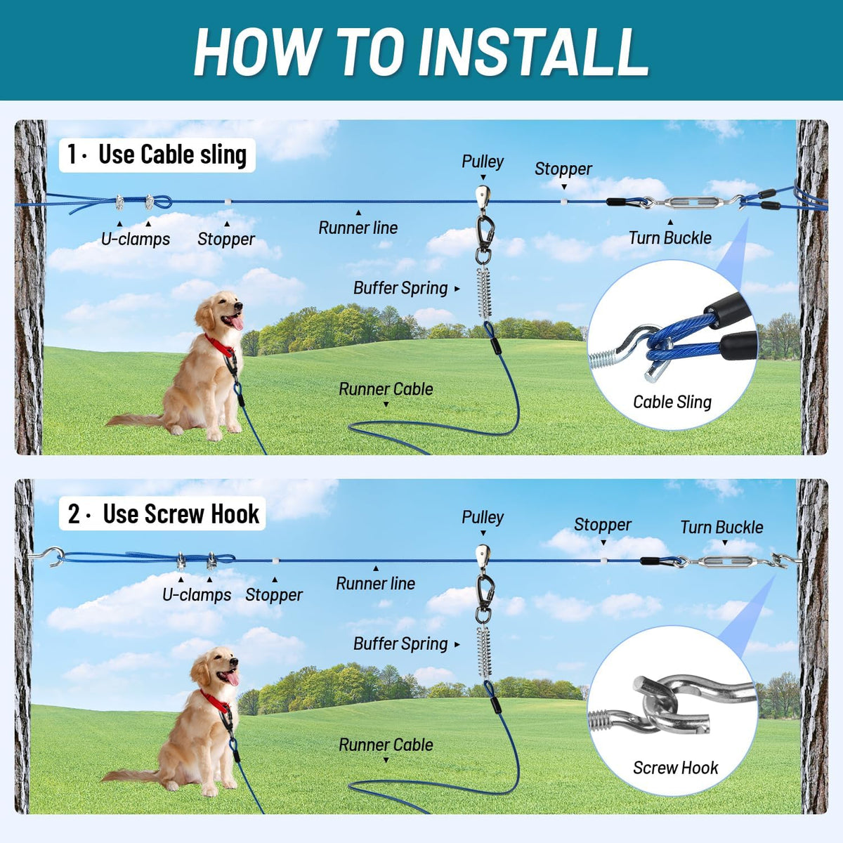 Dog Runner for Yard, Heavy Duty 100FT Dog Runs for Outside with 10FT Tie Out Cable, Trolley System - 75ft run cable+10ft tie out cable / Dark Blue - image 4