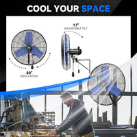 Pro 9500 CFM 24" Outdoor IP44 Waterproof Wall Mount Fan, 3-Speed Oscillating Metal Fans with Enclosure Motor, Heavy Duty Wall Fan for Patio, Warehouse, Garage, and Jobsite