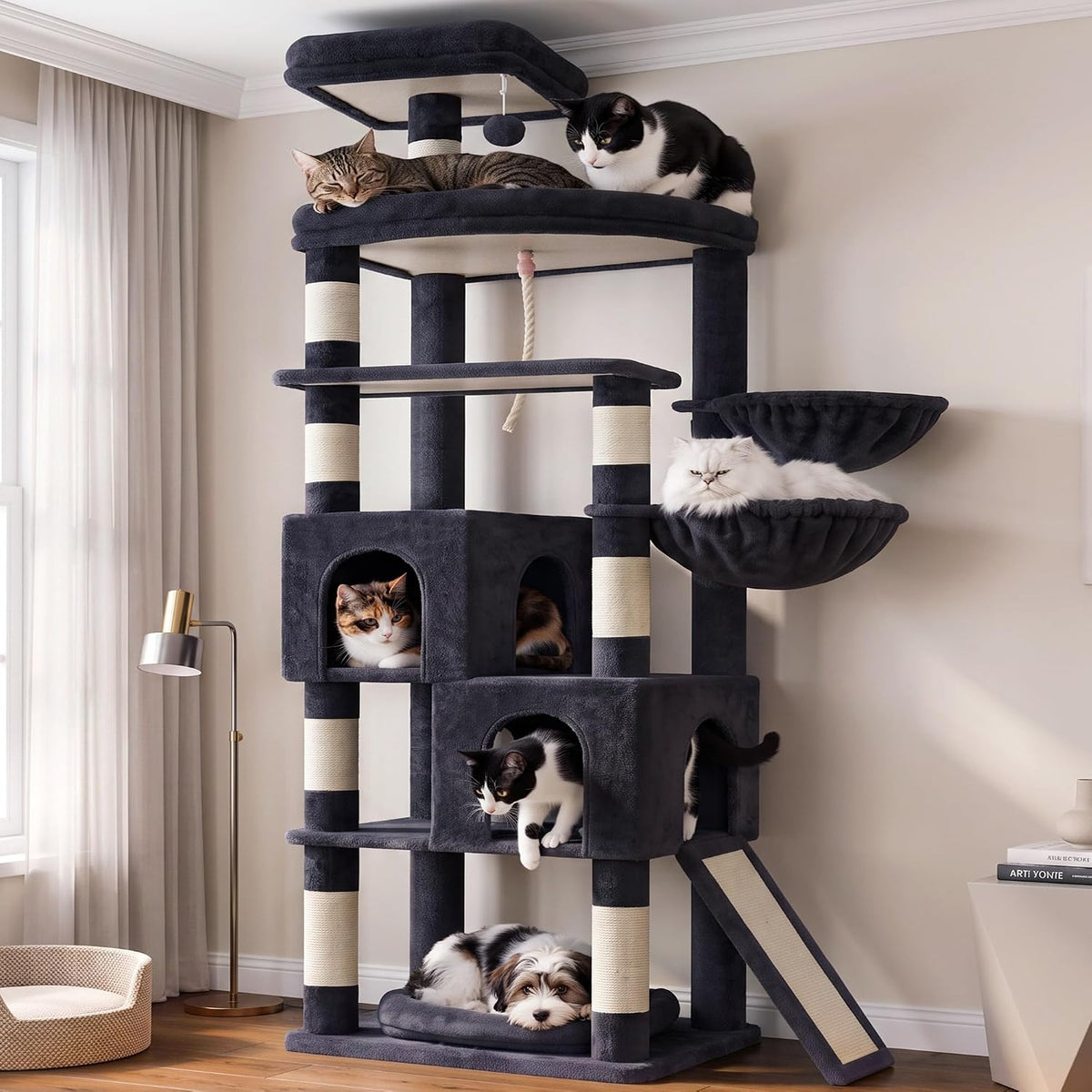 Cat Tree Tower 42'' with Condo, Indoor Scratching Post GCT005SG – Essentials for Cats - Dark gray / 74.4 inch