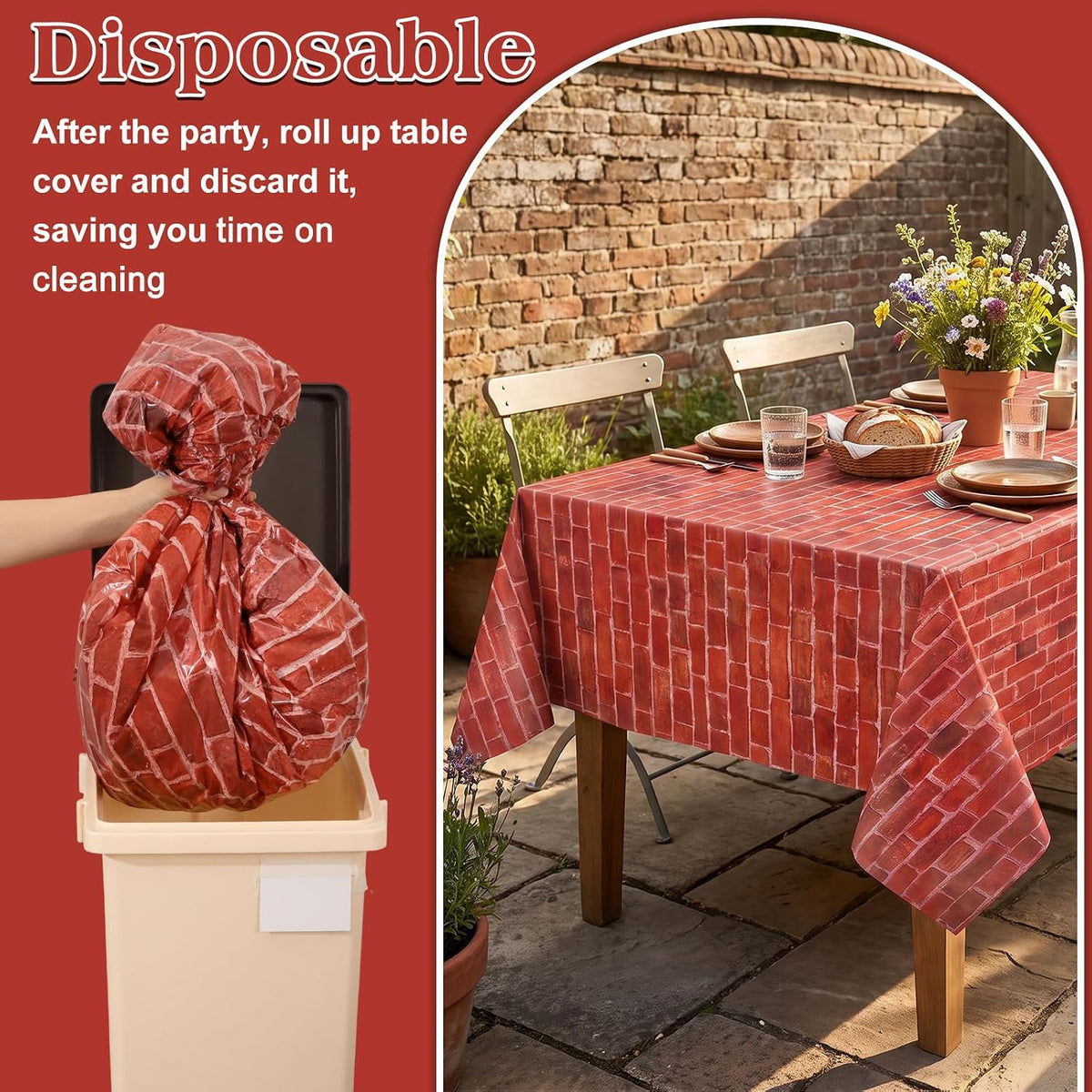 NatNarr 3 Pack Wood Grain Plastic Tablecloths - Red Stone Wall - image 3