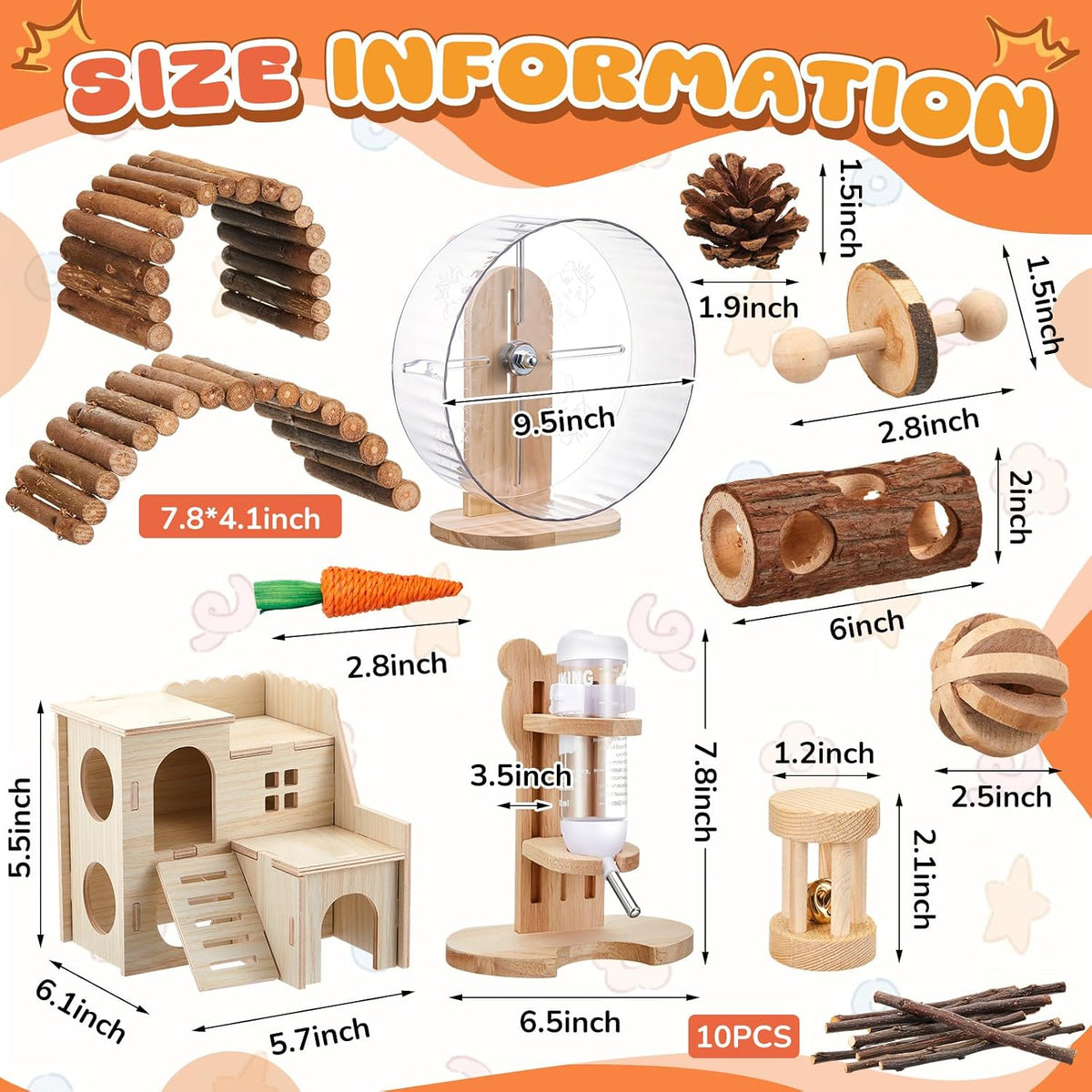 18 Pcs Hamster Cage Accessories Set with Hamster Wheel Maze House – Essentials for Small Pets - Natural Log Style - image 3
