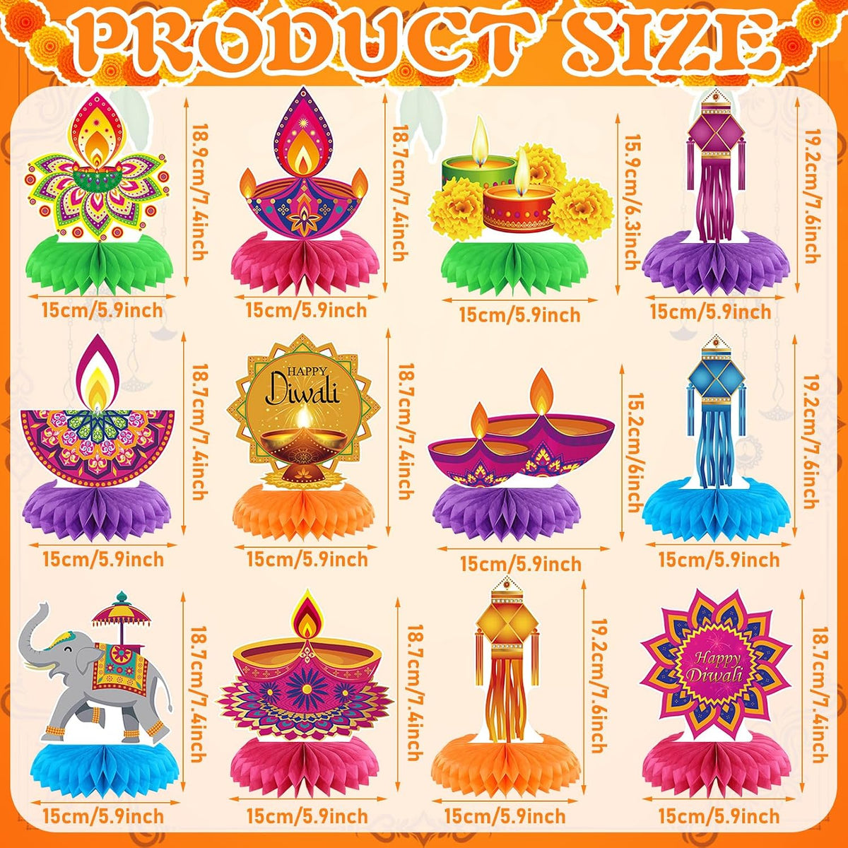 Moinchore 12 Diwali honeycomb table centerpieces with colorful 3D designs - view 38