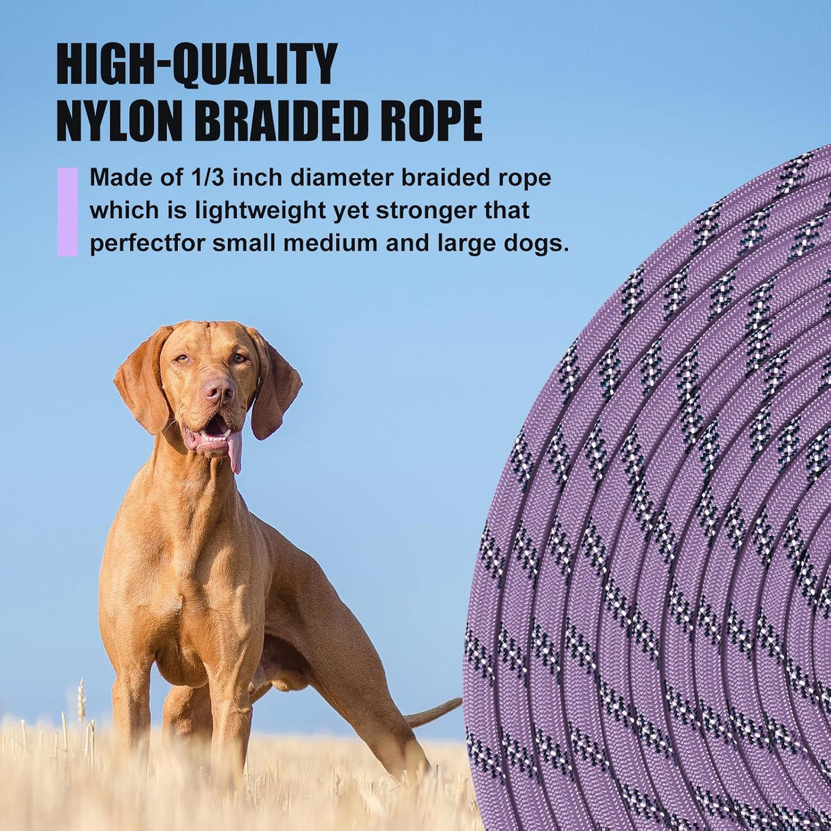 Long Dog Leash Reflective Rope Training Lead 15ft 30ft 50ft Check Cord – Essentials for Dogs - Light Purple / 15ft x 3/8inch - image 2