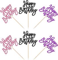 24 PCS Happy Birthday Cupcake Toppers Glitter Picks for Celebrating - Black Purple Pink - image 3