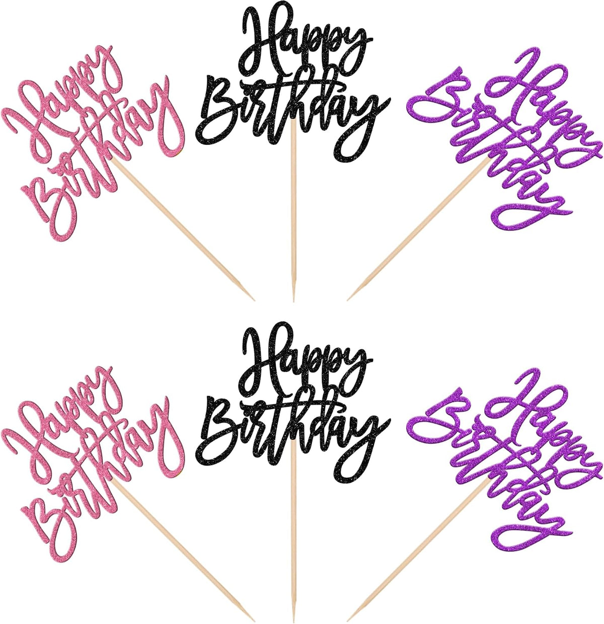24 PCS Happy Birthday Cupcake Toppers Glitter Picks for Celebrating - Black Purple Pink - image 3