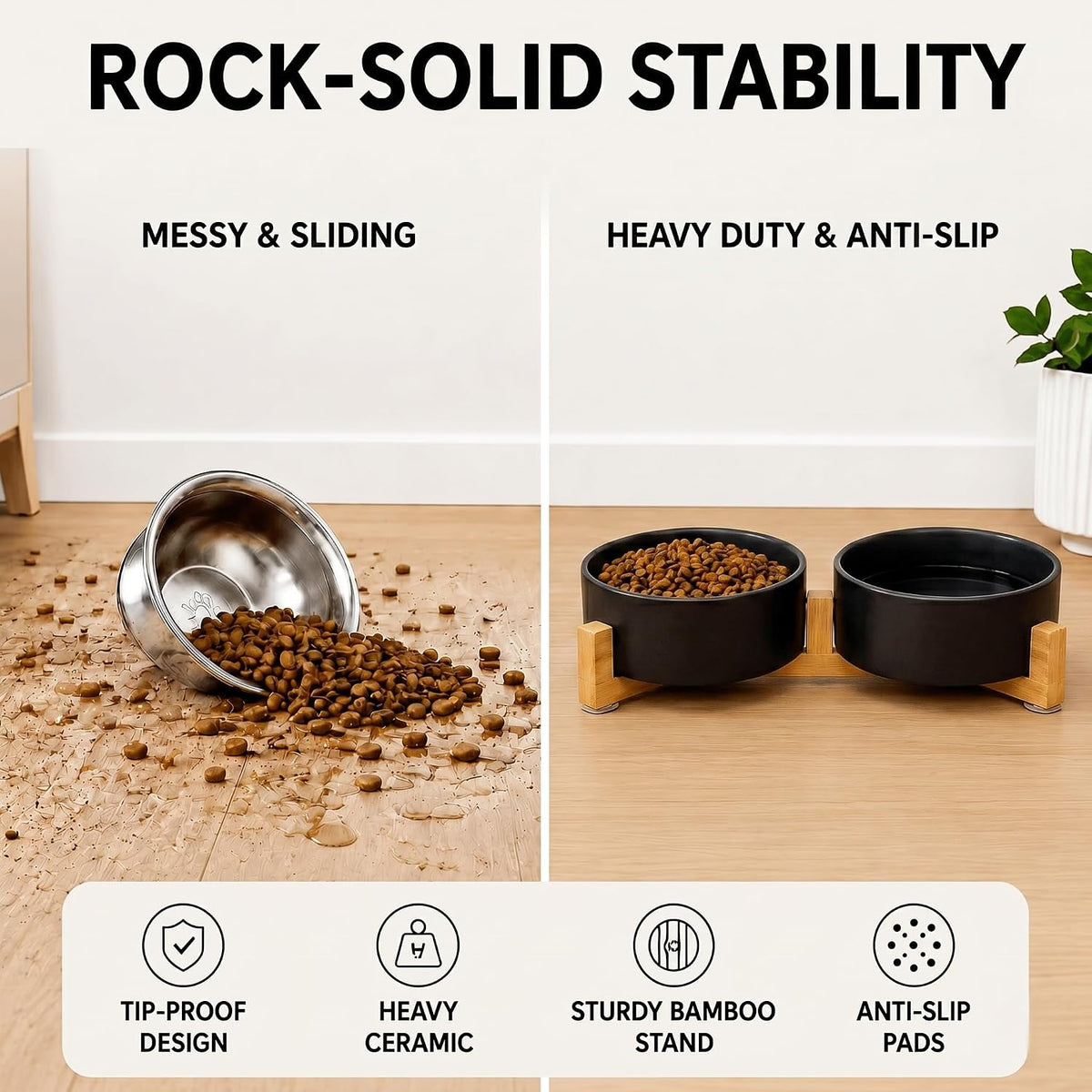 SPUNKYJUNKY Ceramic Dog and Cat Bowl with Wood Stand Non-Slip Matte - 1.7 cups / Black × 2 - image 3