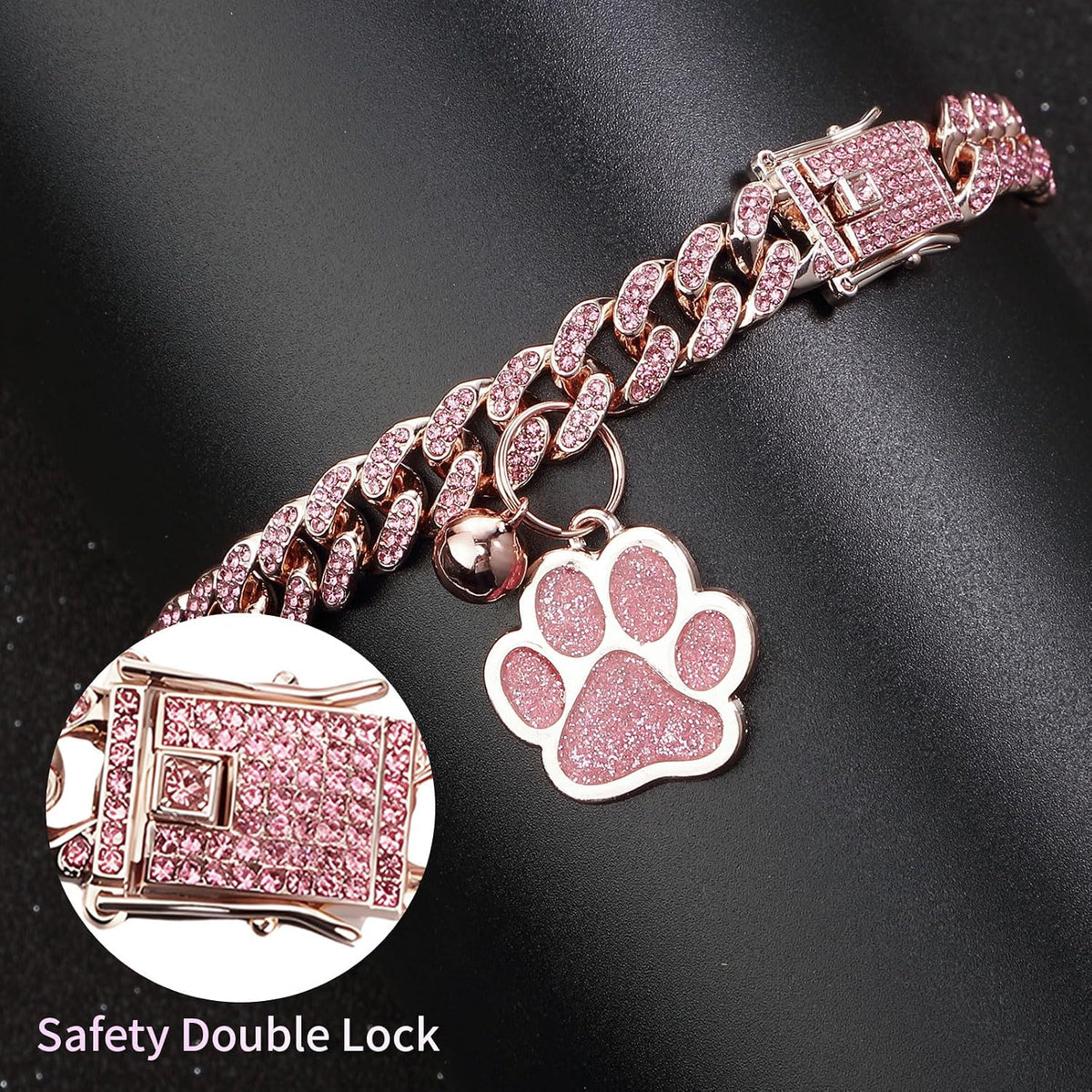 Hillban cat chain collar in rose gold and pink with zirconia diamonds and a bell tag - view 3