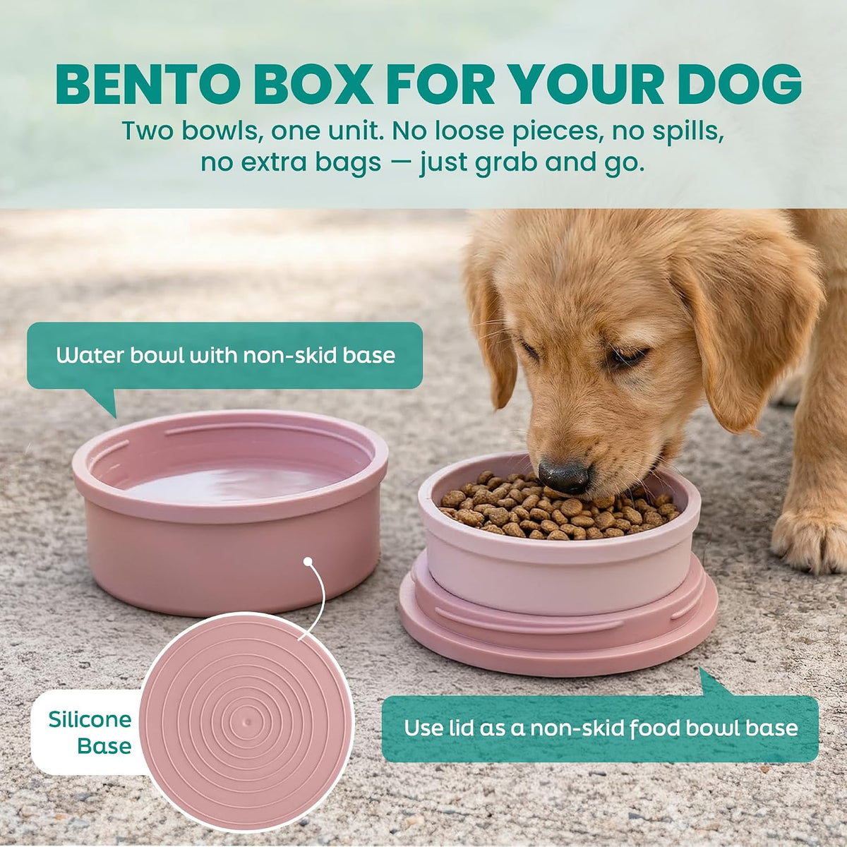 Dog Travel Bowls - Set of 2 Portable Pet Food & Water Dishes with Lid & Handle - Each Nesting - Grey / Large - image 2