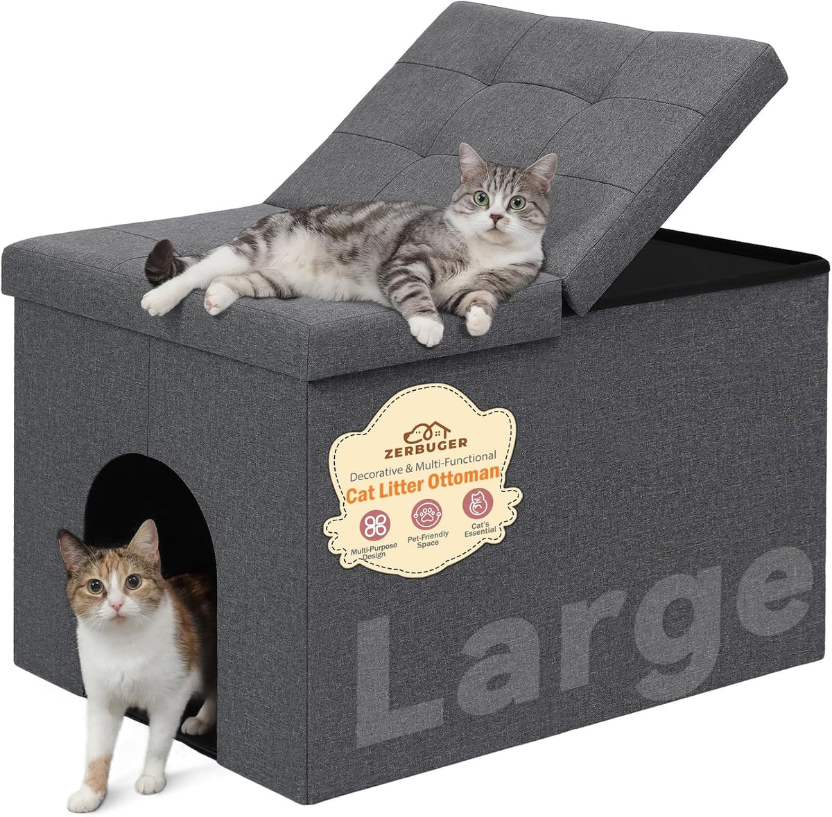 Zerbuger Cat Litter Box Enclosure Furniture for Odor Control – Essentials for Cats - Grey / Large