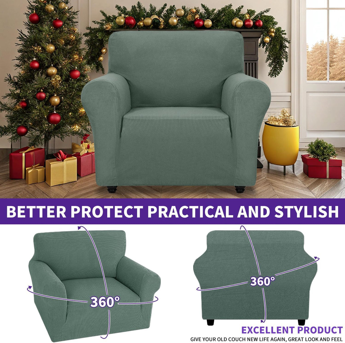 Super Stretch Couch Cover Universal Sofa Covers with Elastic Bottom - Pea Green / Small (30"-47") - image 3