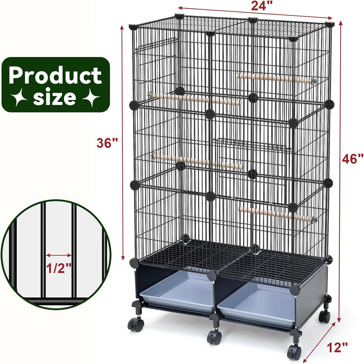 Upgraded Encrypted Metal 46-Inch Bird Cage for Parrot Parakeets – Essentials for Birds - 24"L x 12"W x 46"H - image 2