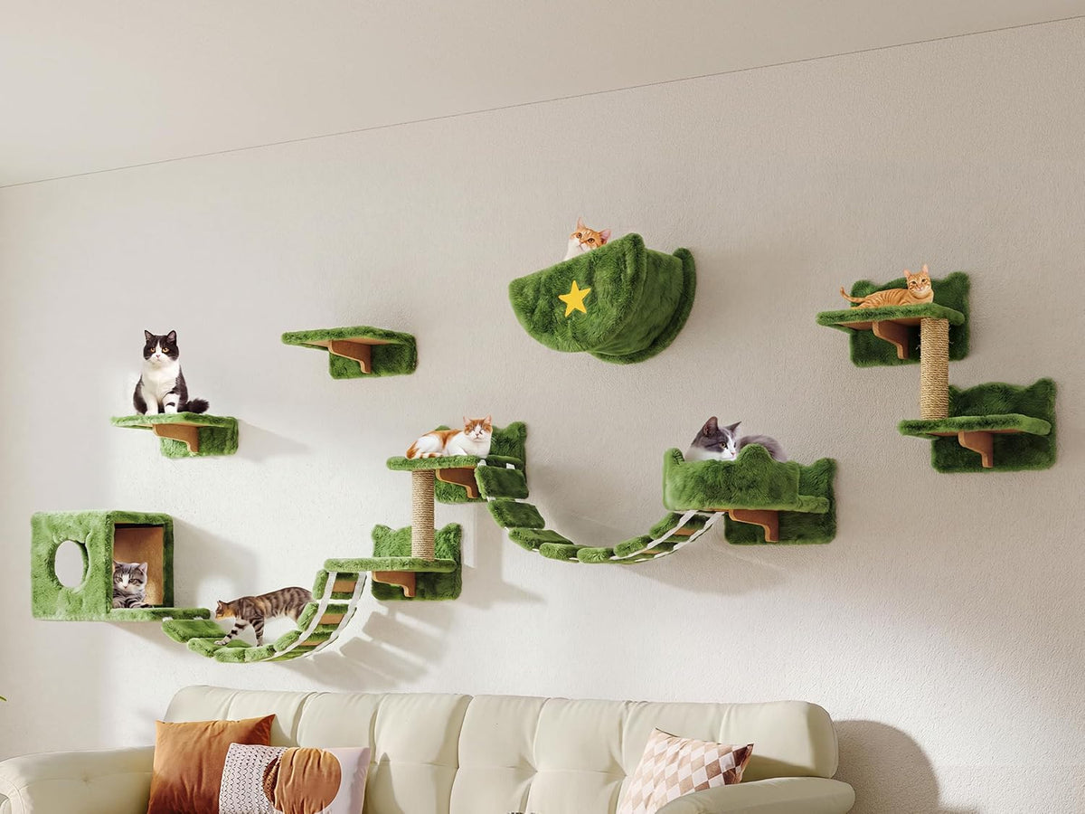Cat Wall Shelves, 9-in-1 Wood Cat Wall Furniture Set, Burlywood – Essentials for Cats - Green / 13 Piece Set