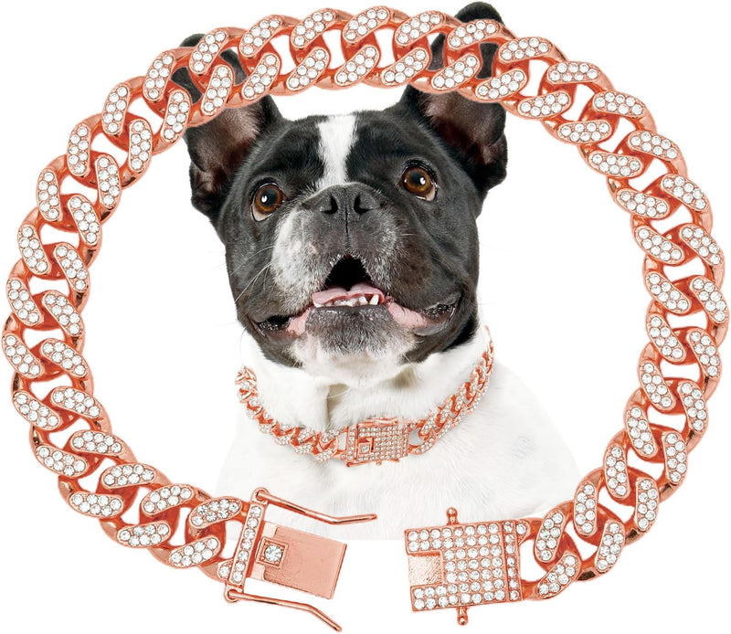 Gold Dog Chain Diamond Gold Chain Dog Collar Walking Metal - Rosegold / 12inch