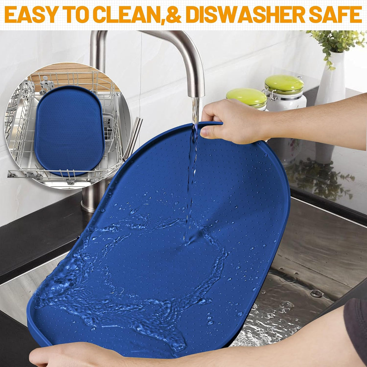 Hubulk 100% Waterproof Silicone Pet Feeding Mat with Raised Edge - Navy Blue / 24"L x 16"W - image 4