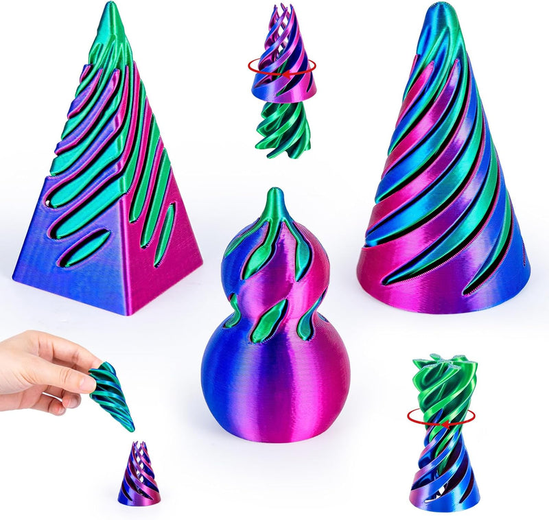 3D Printed Fidget Toys, Impossible Cone & Pyramid Spiral Toy - Rose Red Dark Blue+ Dark Blue Green / 3PCS Normal Size