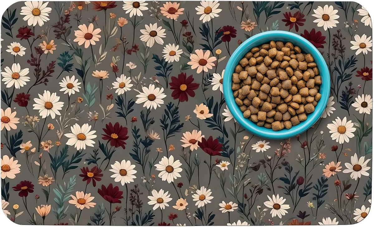 Patterned Cat & Dog Bowl Mat for Food and Water - Small (12" x 20") / Brown-flowers
