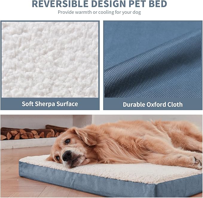 Outdoor Dog Beds for Extra Large Dogs, XL Pet Bed for Large Sized Dog, Egg Crate Foam Pet Bed with Removable Washable Oxford Cooling Cover, Blue White