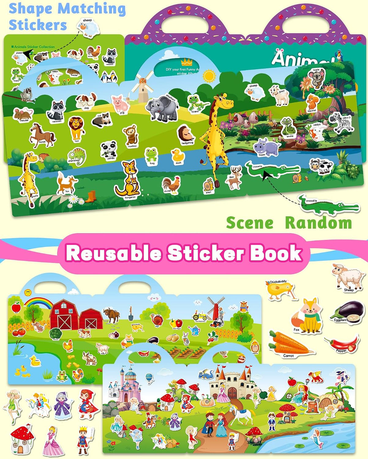 Walenced Reusable Sticker Book, Stickers for Kids - Fairy+Farm+Animal - image 3