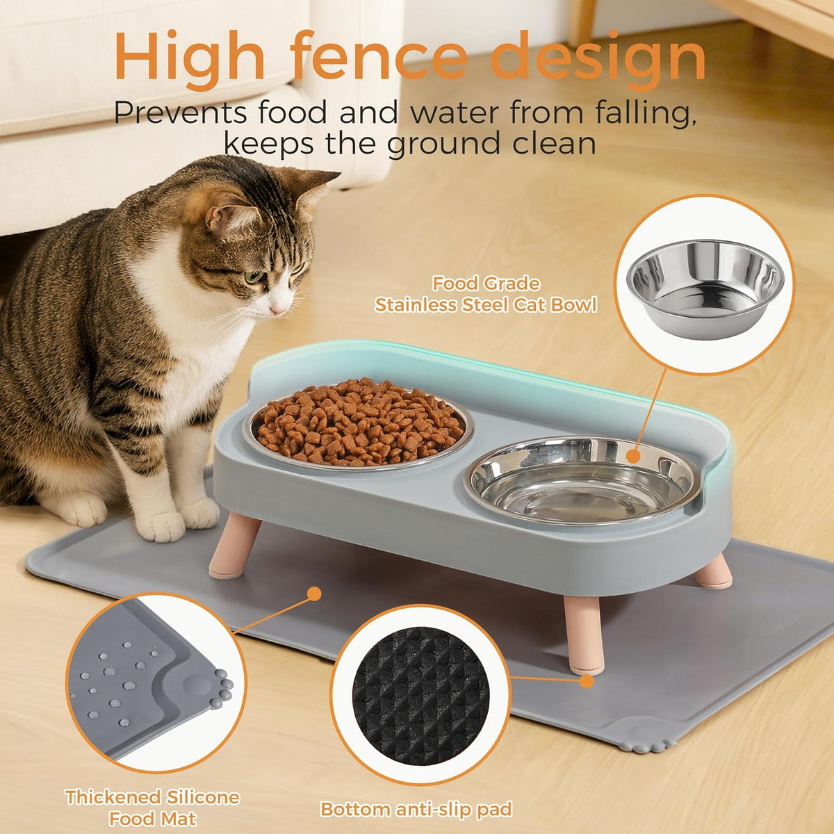 Elevated Cat Bowls Set - Raised Cat Food and Water Bowl Set with Non Slip Stand - Pet Feeding - Grey - image 2
