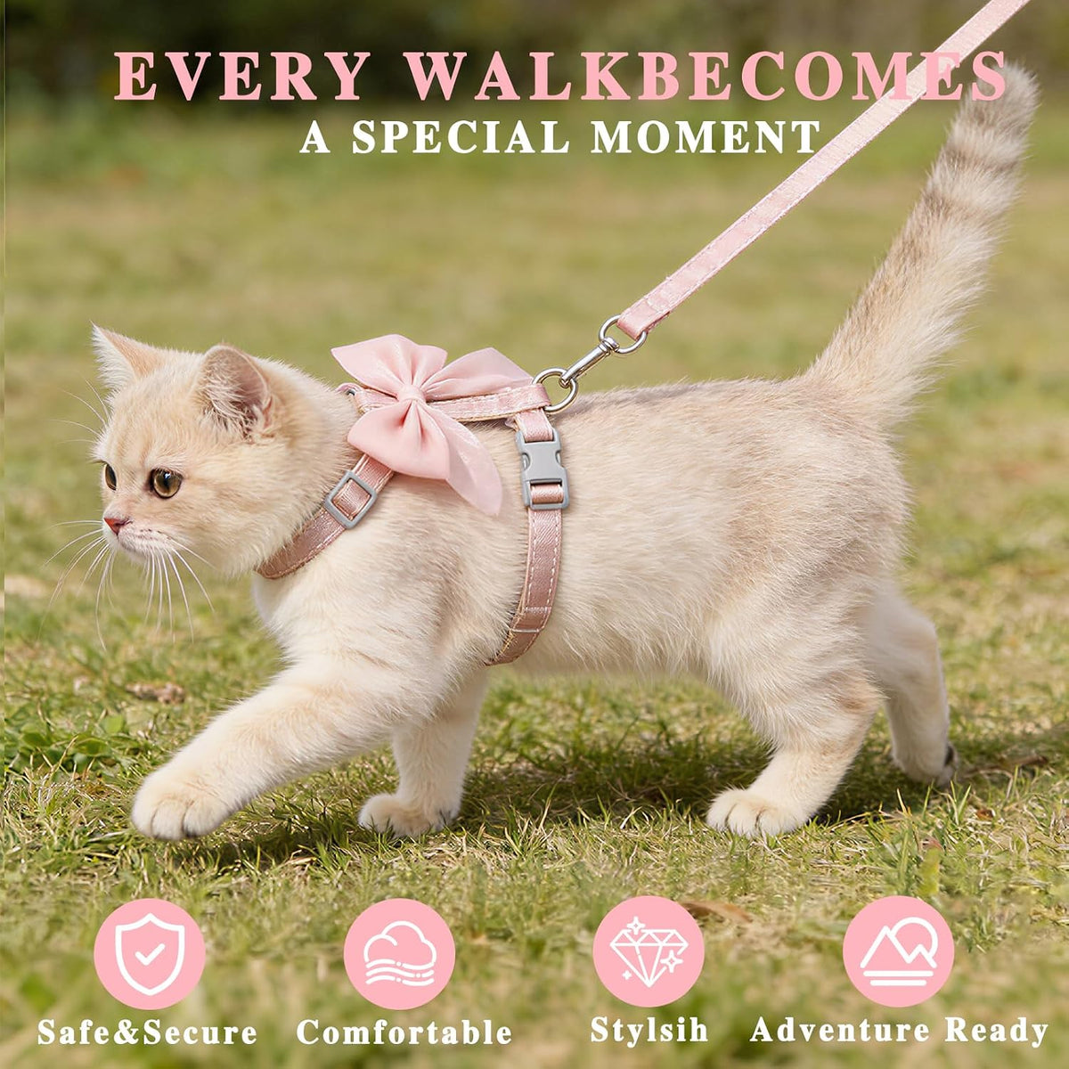 Tensho Pink Bow Cat Harness and Leash Set, Escape Proof - Pink Bow / S - image 2