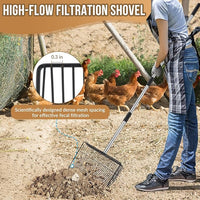 SlowTon 10-inch Large Chicken Poop Scooper - 5 in 1 Multifunctional Chicken Litter Scoop with 35 to 67in Stainless Steel Handle, Heavy Duty Chicken Coop Cleaning Tool Litter Sifting Shovel