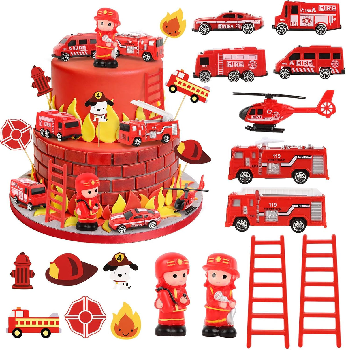 44PCS Halloween Cake Toppers with Spider Bat Castle Pumpkin Skull - Fire Truck